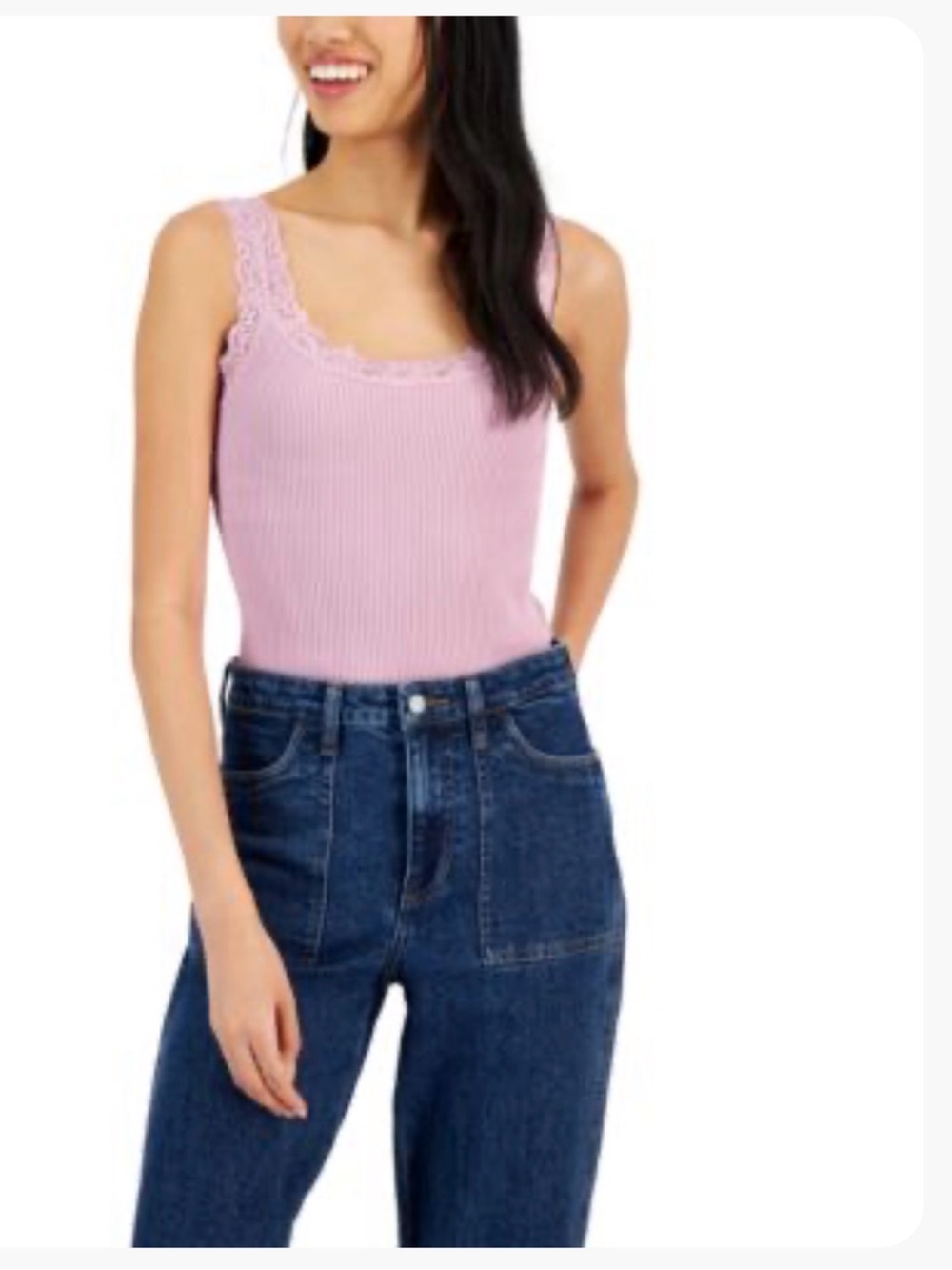Hippie Rose Ribbed Lace-Trim Tank Top - Light Pink